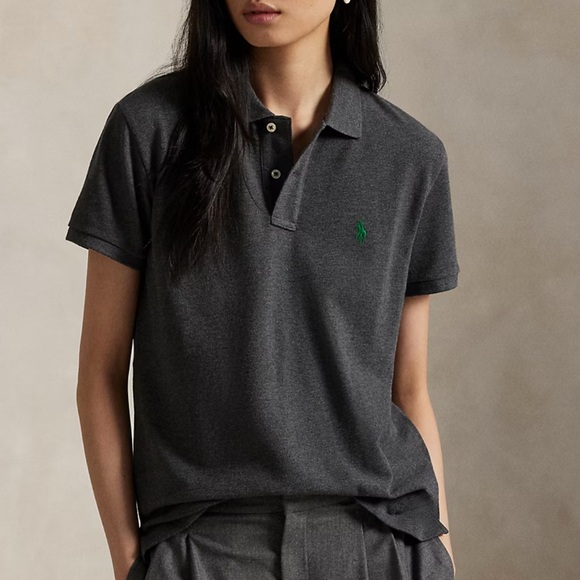 NWT Ralph Lauren Women's Gray Logo Embroidered Cotton Skinny Polo Shirt Small - Picture 1 of 8